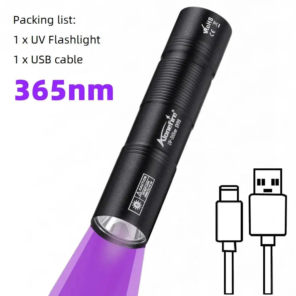 365nm UV Flashlight USB Rechargeable Palm Torch For Pet Stain Detection Currency Verification Nail Curing