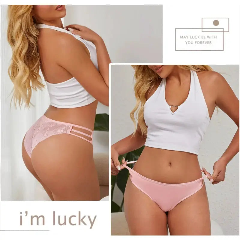 3pc set women's pink floral lace panties, low-rise briefs with hollow-out sides and triple side straps