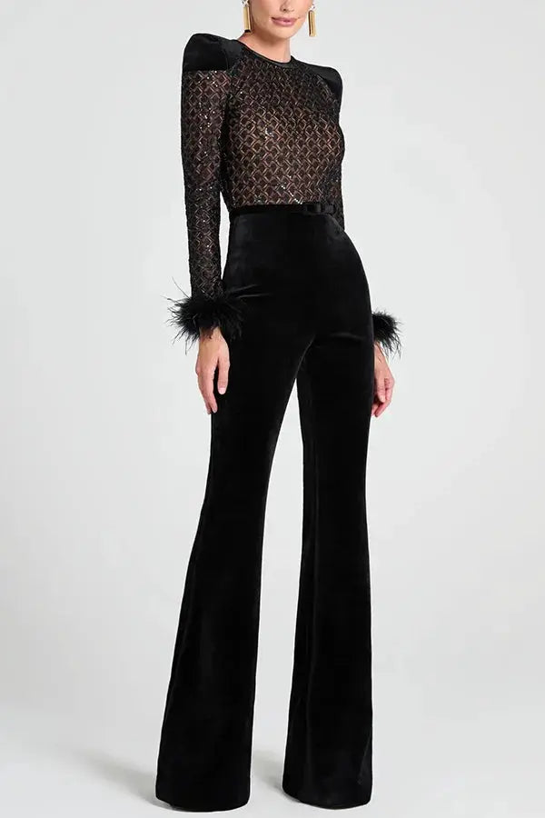 Jumpsuit, black velvet wide-leg with sheer lace top and feather cuffs, long sleeves, round neck.