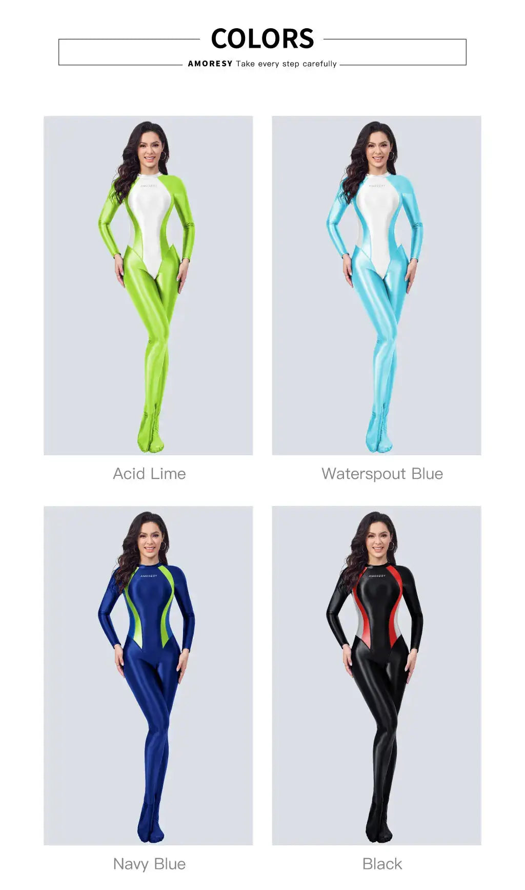 AMORESY women's wetlook catsuit fullbody zip leotard in four colors: Acid Lime, Watersport Blue, Navy Blue, Black