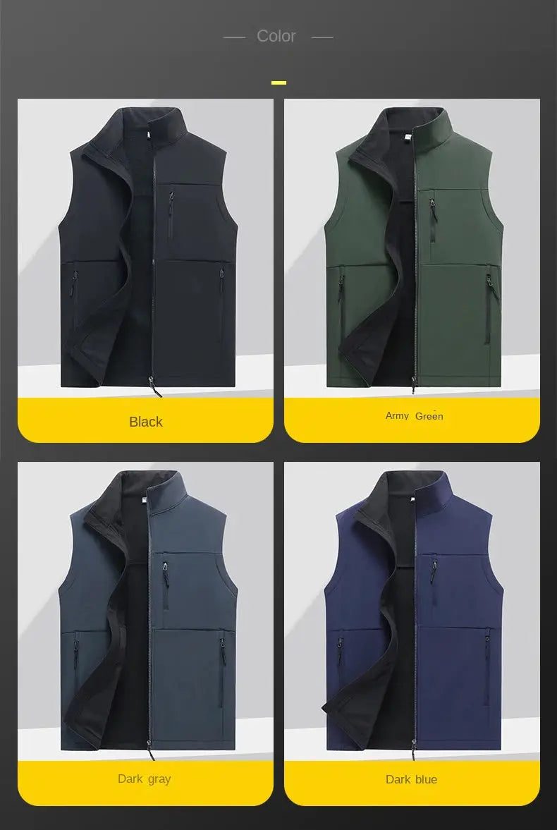 Soft-shell men's vest; waterproof, windproof sleeveless jacket with zip pockets in black, green, gray, or blue.