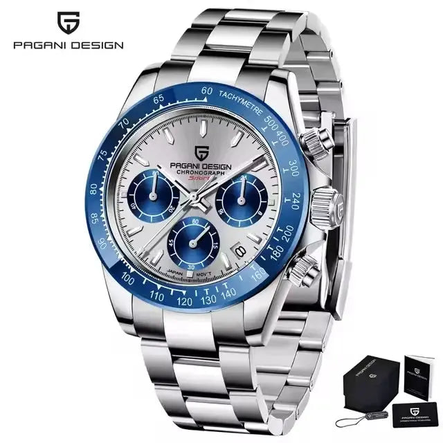 Pagani Design PD1644 men's stainless steel chronograph watch with blue bezel and sapphire glass; two display boxes