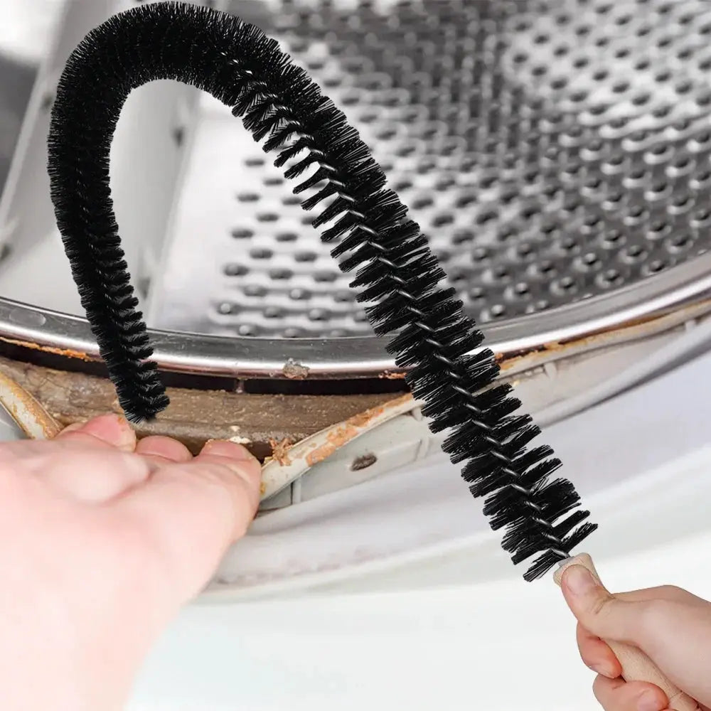 Two flexible long cleaning brushes with black bristles and wooden handles for washing machines, dryers, pipes
