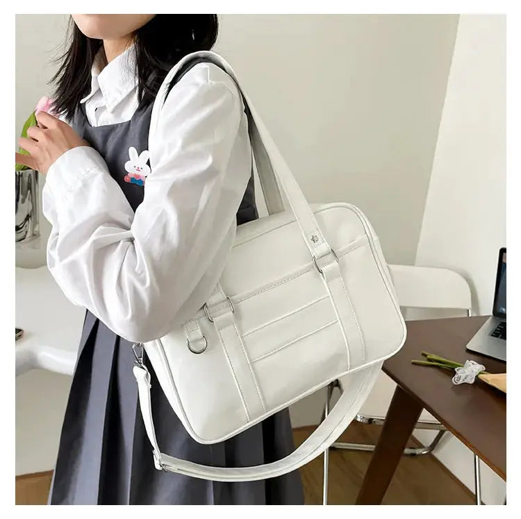Japanese Style JK bag by Simples Market; white PU leather shoulder bag with top handles and crossbody strap