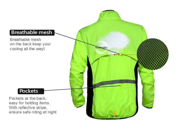 WOSAWE men's neon lime cycling jacket; windproof, water-repellent with reflective stripe, back breathable mesh, rear pockets