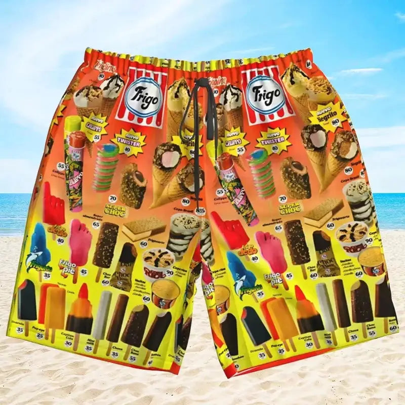 Unisex ice-cream print beach shorts with Frigo logos; bright yellow-to-orange gradient, drawstring waist