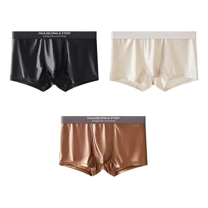 3-pack men's satin-like ice-silk boxer shorts in black, beige, and bronze by HUAJIELONG & STORY