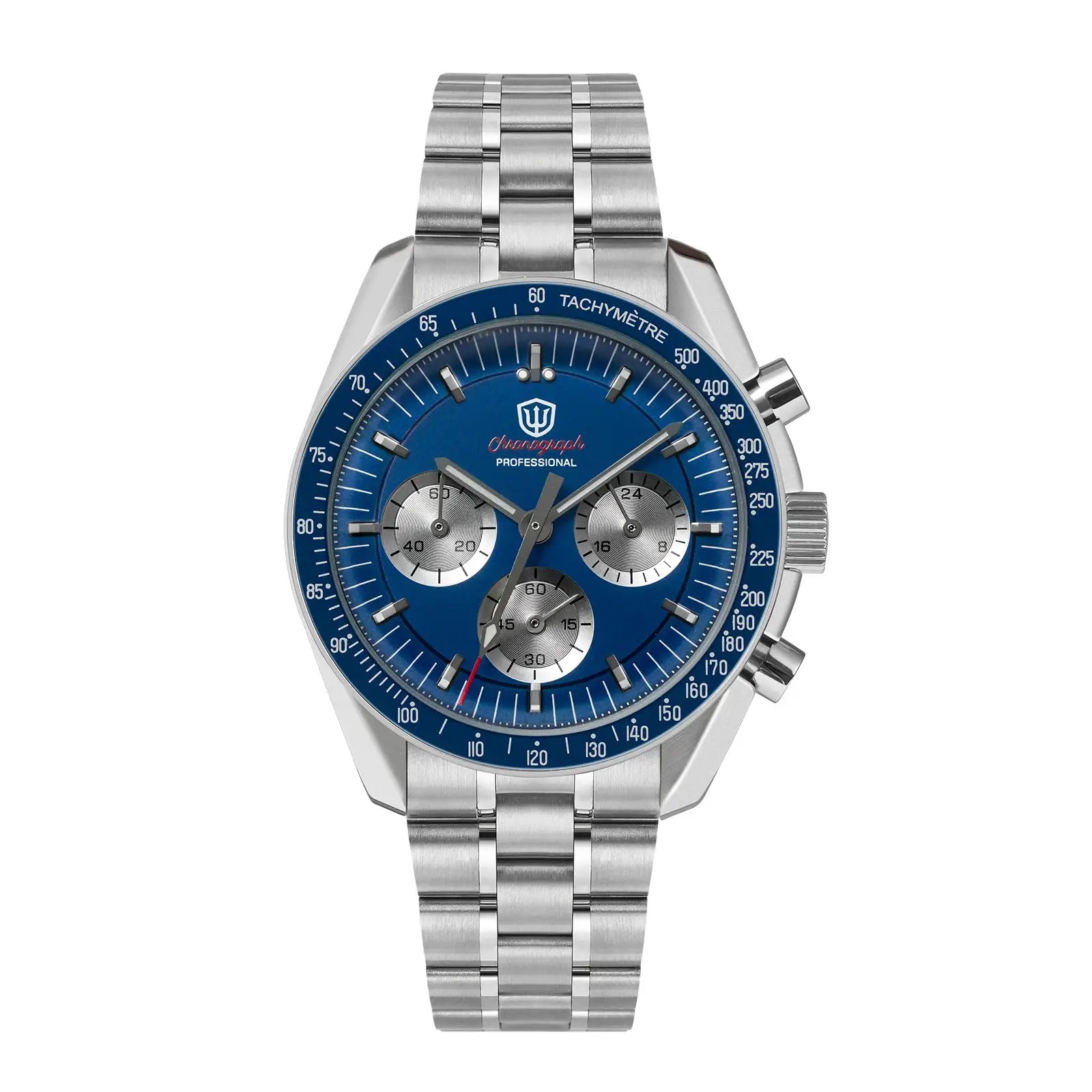 Watchdives WD1863 stainless steel chronograph watch with blue dial and tachymeter bezel