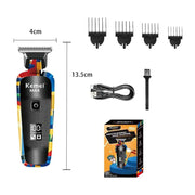 Kemei MAX electric hair clipper with graffiti-design body, 4 guide combs, USB cable and cleaning brush