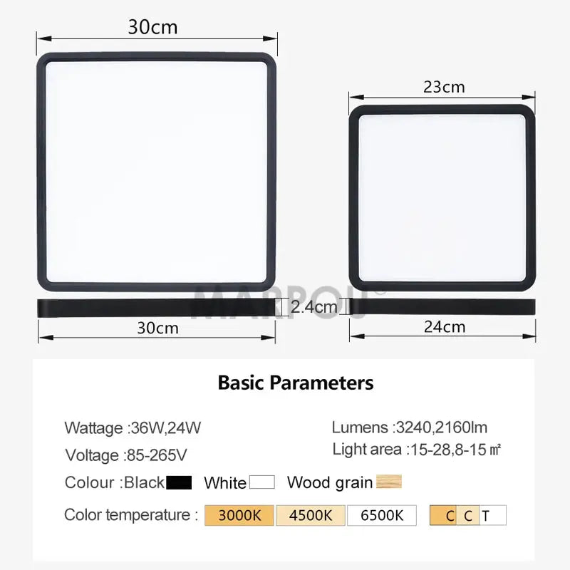 MARPOU ultra-thin square LED ceiling light with black frame; two sizes (30x30 cm and 23x23 cm) with white diffuser