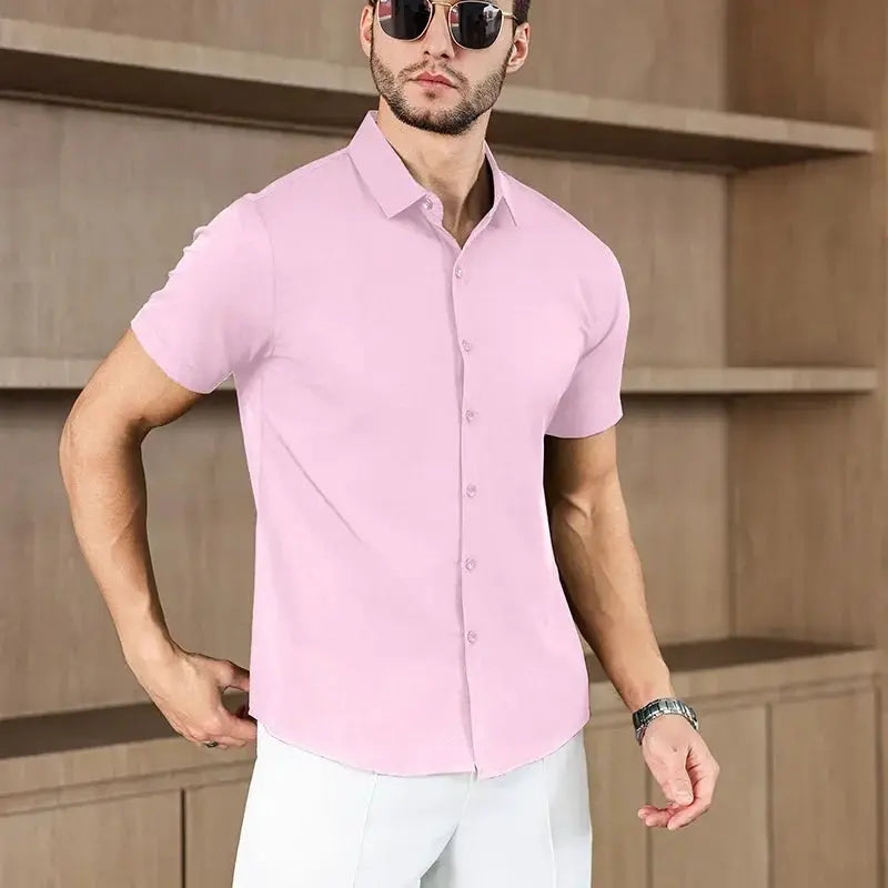 Men's pink short-sleeve button-up shirt, solid color, business casual top