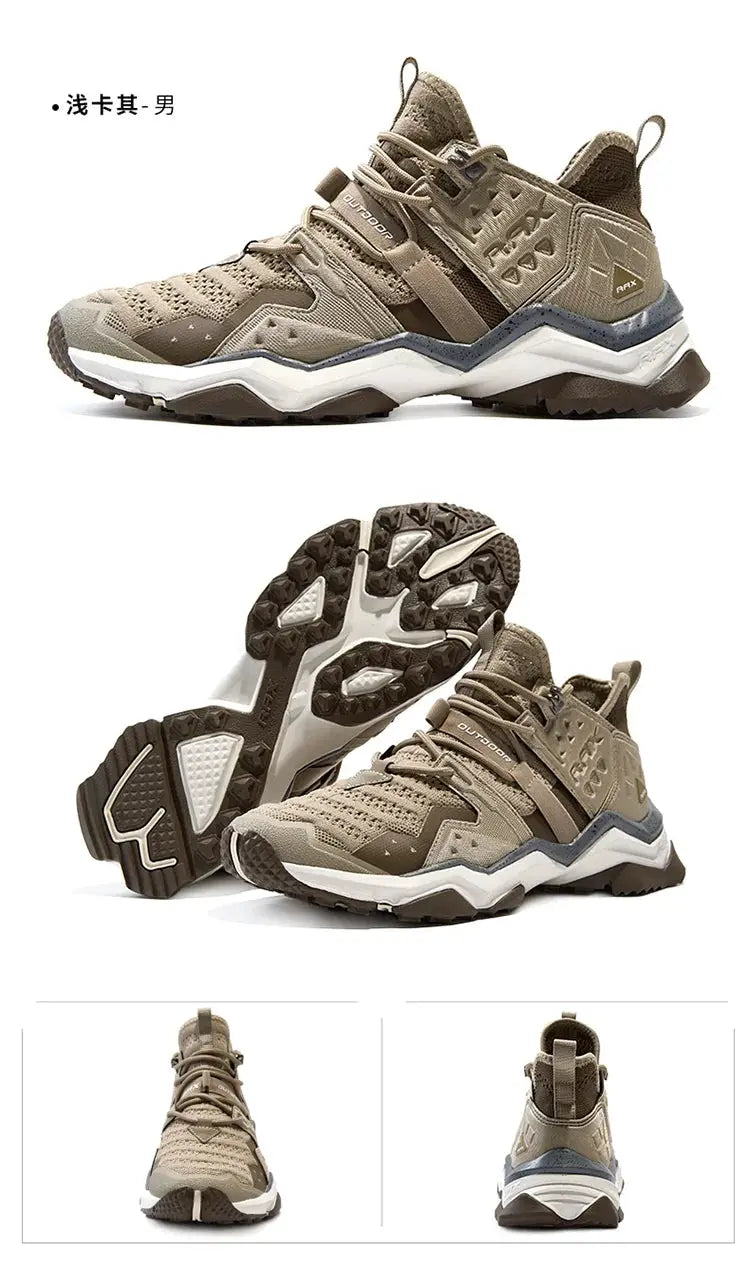 Rax men's waterproof hiking shoes, tan-brown with breathable mesh and rugged outsole.