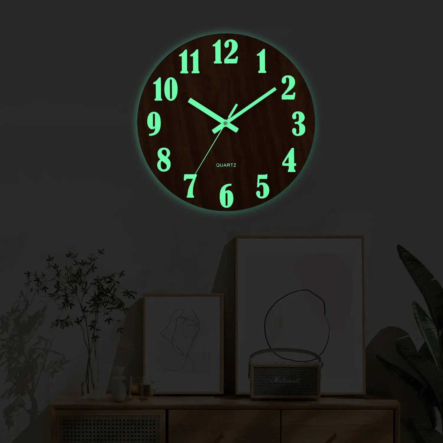 12-inch wooden luminous wall clock with green glow numerals and silent quartz movement