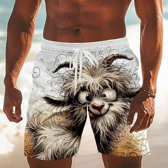 Men's quick-dry beach shorts with white 3D animal cartoon graphic and drawstring waist.