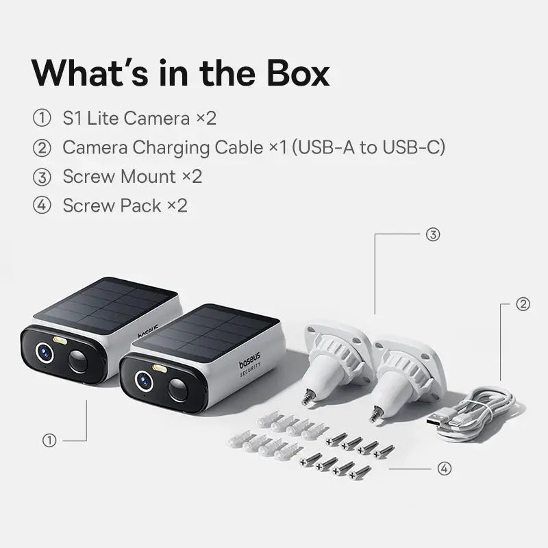 Baseus S1 Lite solar wireless outdoor security cameras pair with mounting brackets and USB-C charging cable