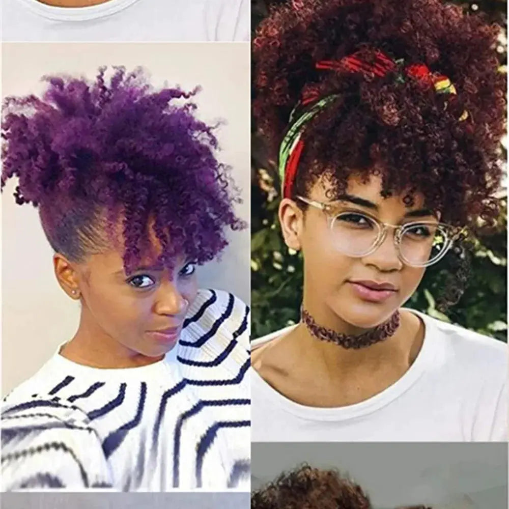 Afro Puff Updo drawstring ponytail with bangs; synthetic kinky curly hairpiece, collage shows 2 color variants.