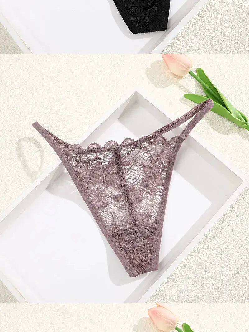 Lace thong for women, low-rise mauve floral lace underwear