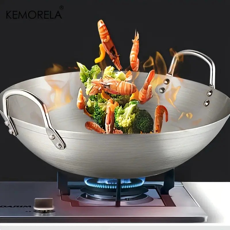 Stainless Steel Wok Uncoated With Double Handles 26 To 34 Cm High Quality Chef Pan For Home Stir Fry Cooking