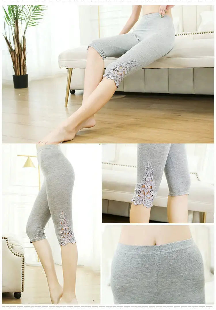 Women's grey lace capri leggings with 3/4 length and lace hem