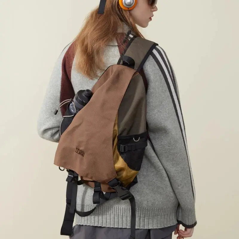 Simples Market New Y2k portable light nylon crossbody bag, tan/brown with black straps
