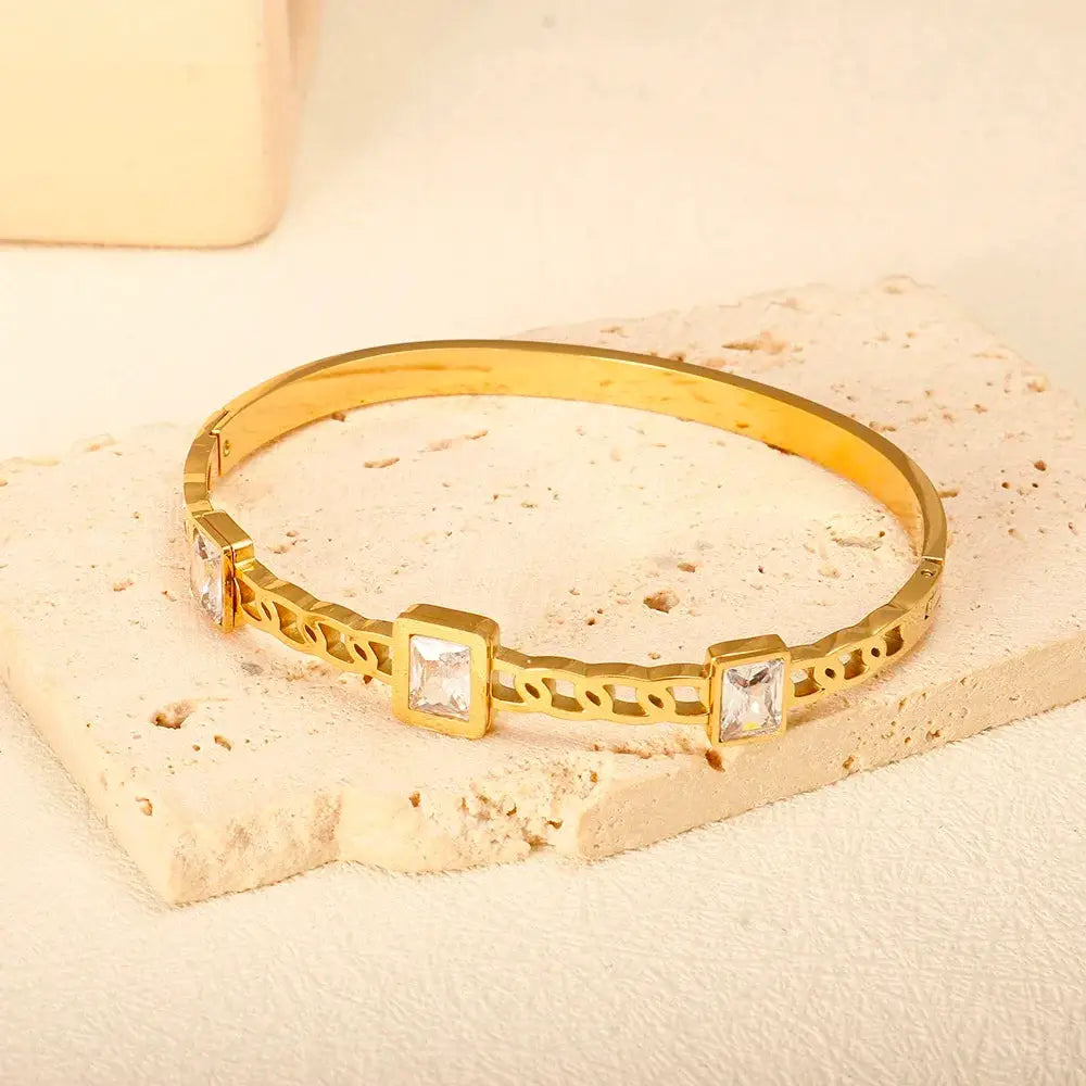 Geometric Stainless Steel Cuff Bracelet For Women With Adjustable Fit And Gold Color Plating