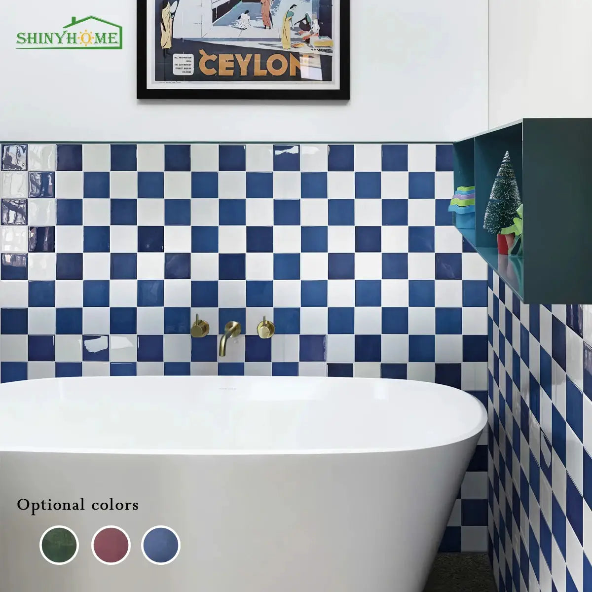 Shiny Home self-adhesive 3D mosaic wall tiles in blue and white checkerboard, 10/30-piece set by Simples Market