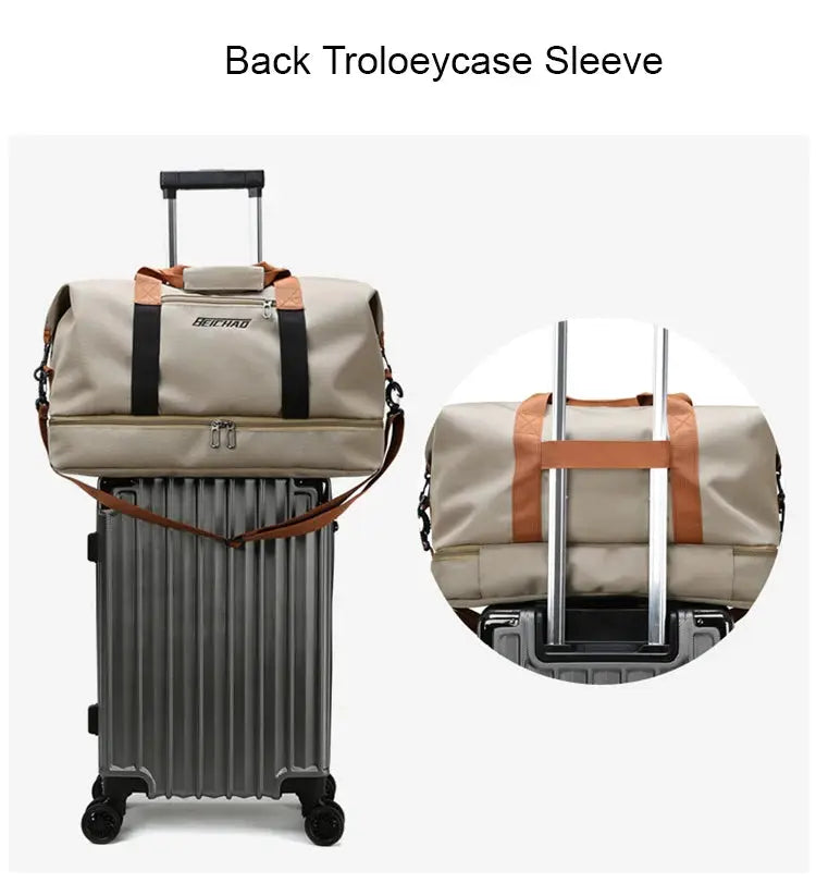Simples Market travel gym bag on a wheeled carry-on, beige canvas with brown straps and black handles.