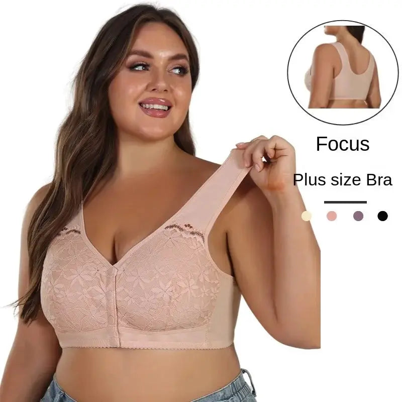 Simples Market plus-size soft cotton lace front-buckle bra in nude beige with wide straps