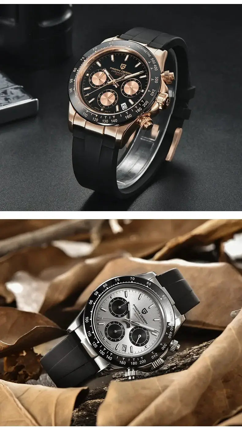 Two PAGANI DESIGN 40mm V2 chronograph watches: rose-gold case with black strap; silver-dial version with black strap.