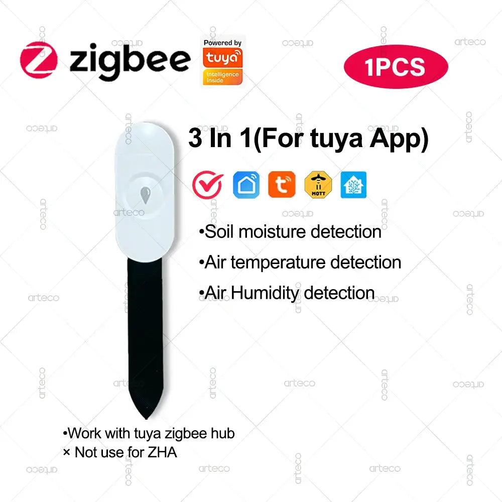 Zigbee soil moisture sensor with white top and black stem; 3-in-1 moisture, temperature and humidity detection for Tuya.