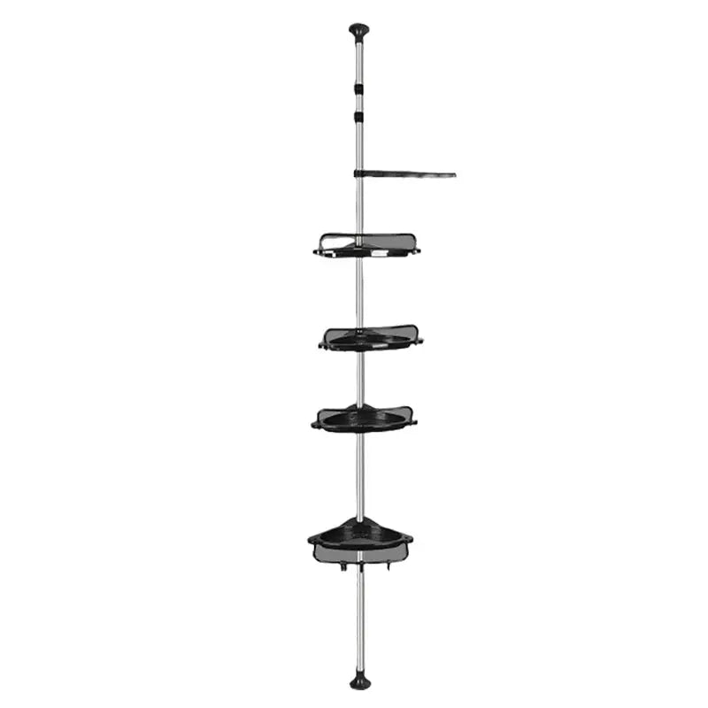 Stainless steel corner shower rack with four black shelves on a telescopic pole; punch-free installation, Simples Market