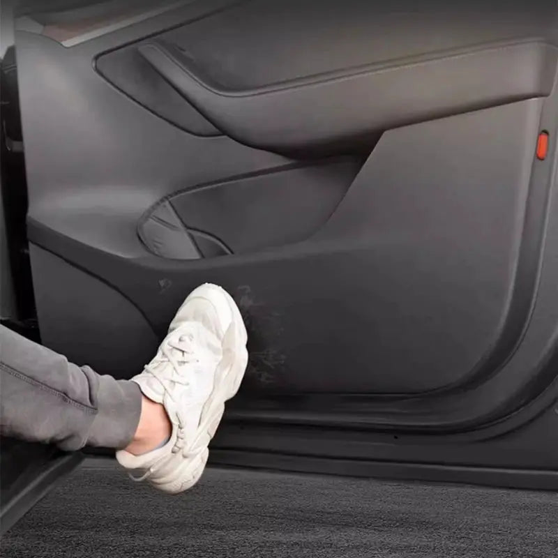 Car door anti-kick pad for Tesla Model Y Juniper 2025 by Simples Market; leather trim interior protector