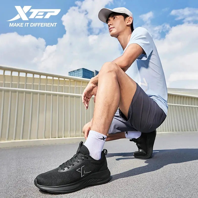 Xtep men's running shoes, black breathable mesh with lightweight soft-soled design.