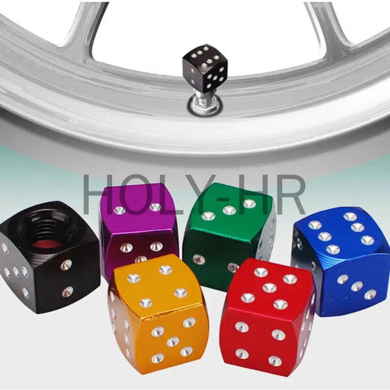 Aluminum dice valve caps, set of 7 in assorted colors for cars, trucks and motorcycles