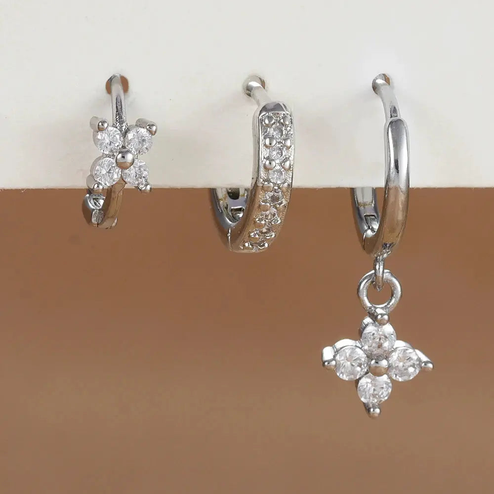 3Pcs Trendy Stainless Steel Flower Drop Earrings Set For Women Crystal Zirconia Dangle Hypoallergenic Piercing Jewelry
