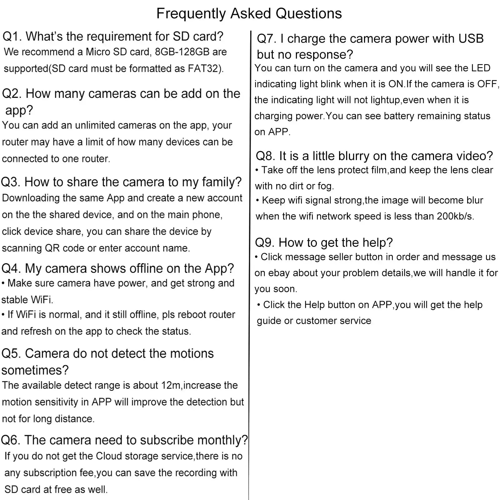 FAQ page for Simples Market XVIM solar security camera with setup, power, sharing, and troubleshooting questions.
