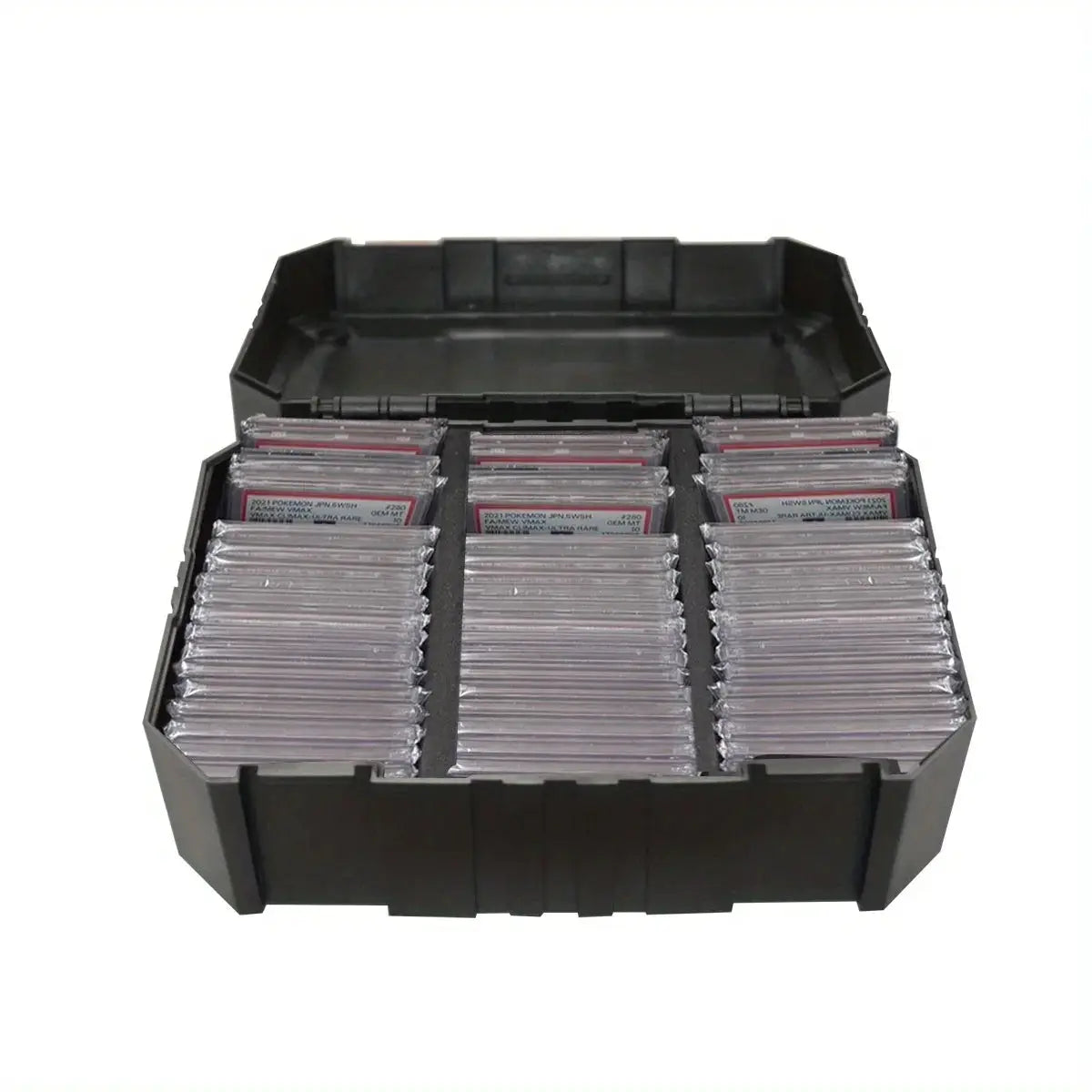 Plastic small tools packing box organizer, black plastic case with three compartments filled with clear, labeled bags