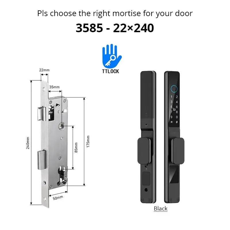 Sliding door smart lock TTLock by Simples Market, waterproof black aluminum electronic lock pair with fingerprint