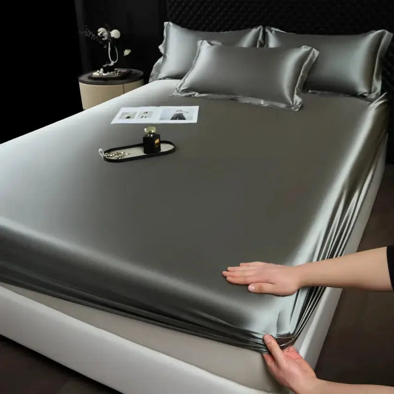 Mulberry silk fitted sheet set, 3-piece with pillowcases in gray satin bed linen