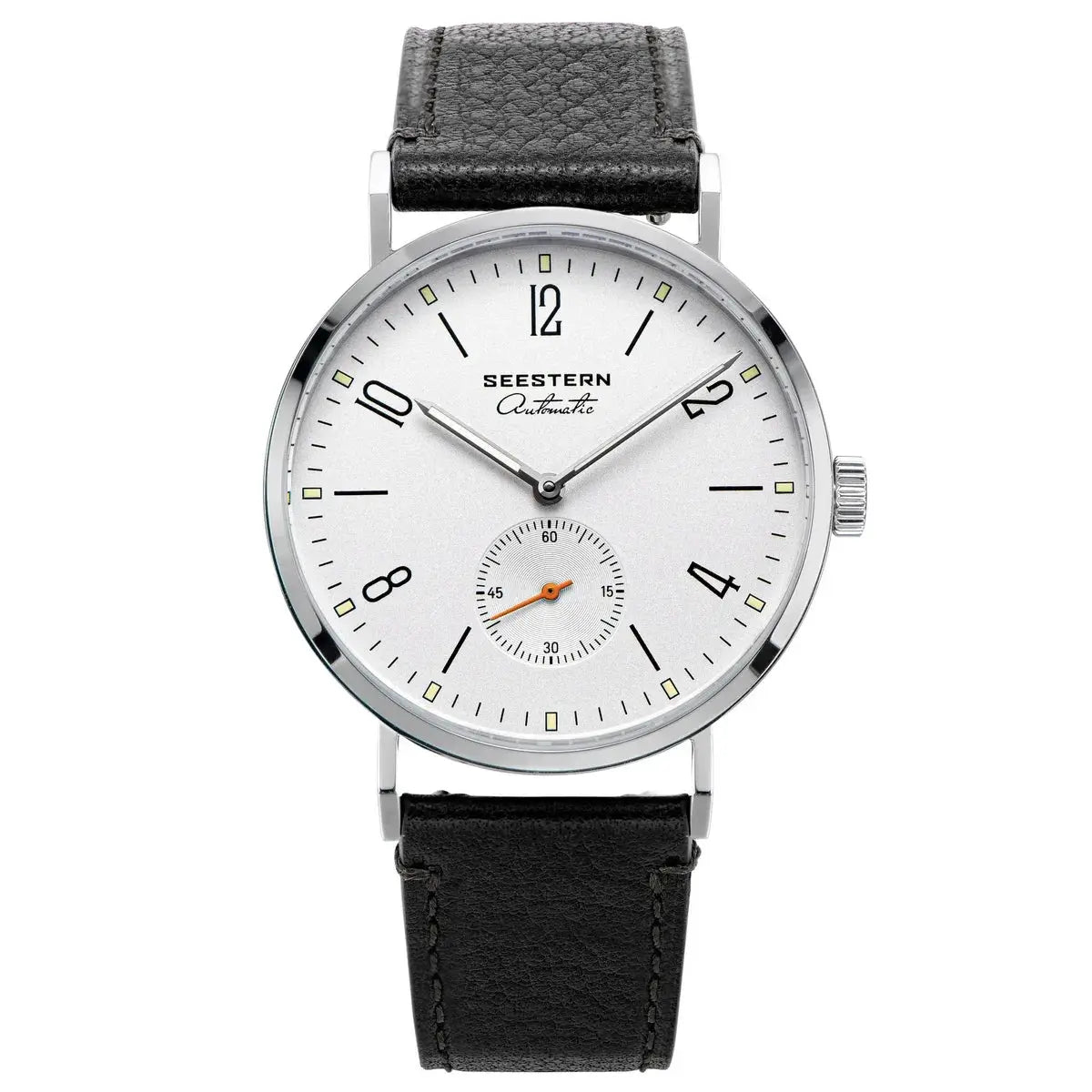 SEESTERN automatic men's wristwatch with white dial and black leather strap