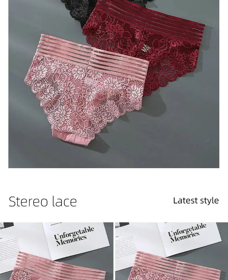 Simples Market 3-pack lace panties in pink, light pink, and burgundy with floral lace, breathable seamless briefs