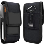 Black nylon mobile phone waist bag with belt loop, front pocket and carabiner clip