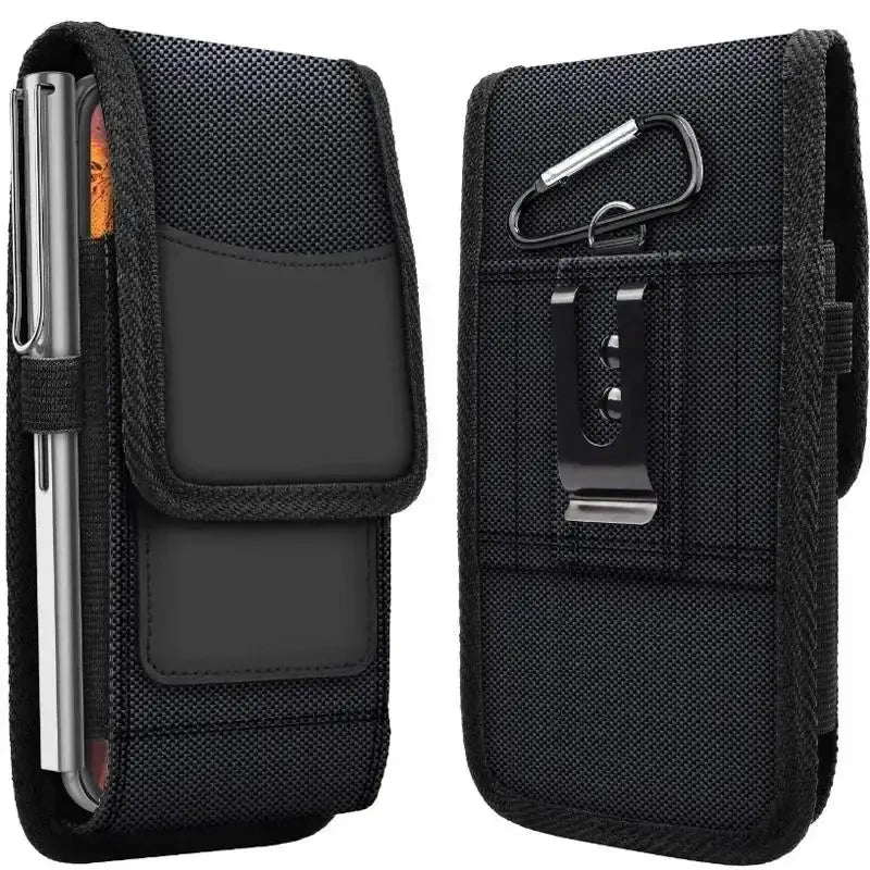 Black nylon mobile phone waist bag with belt loop, front pocket and carabiner clip