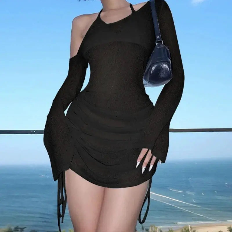 Solid Skew Collar Ruched Straps Lace Up See Through Draw String Mini Dress Summer 2025 Women Party Clubwear Wholesale