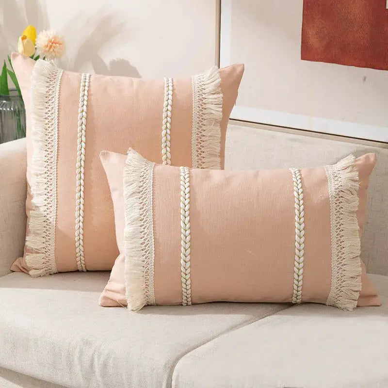 Bohemian macaron knitted throw pillowcase set of 2 in pink-beige with tassel trim, Simples Market