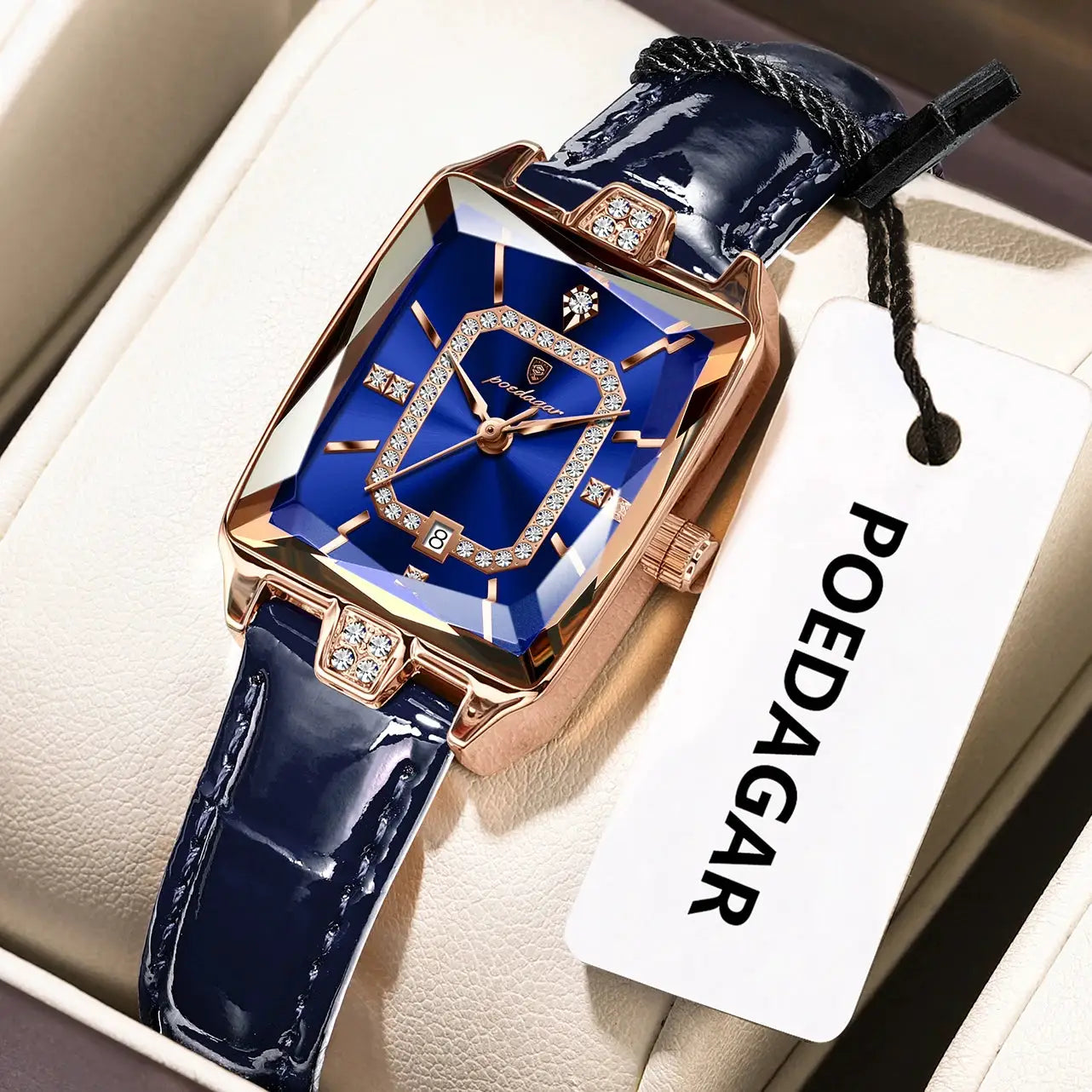 POEDAGAR luxury women’s wristwatch with blue dial, rose-gold case and blue leather strap, date window.