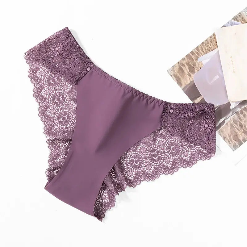 Women's purple silk satin panties with lace trim; breathable, soft and comfortable briefs