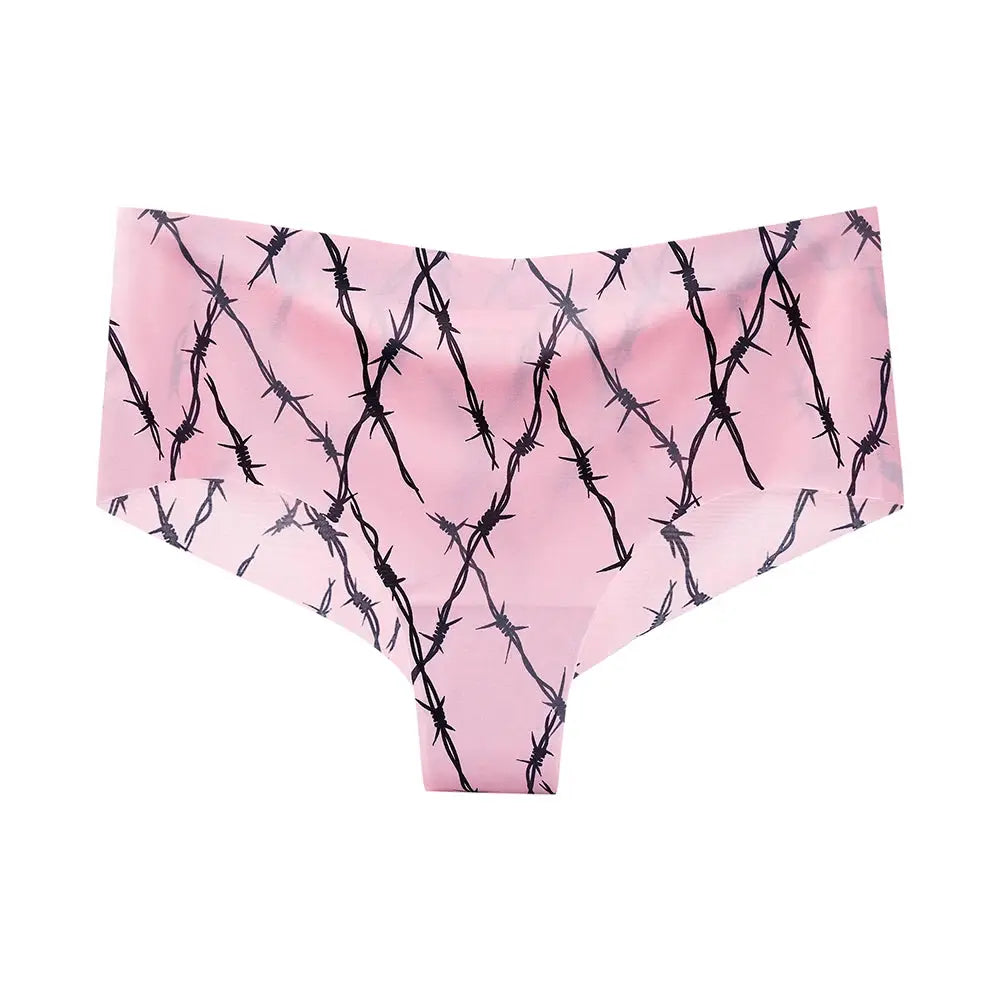 BANNIROU pink seamless panties with black barbed-wire pattern, mid-rise underwear