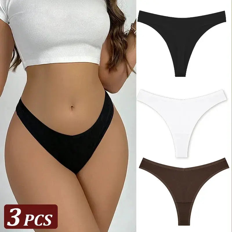 Seamless cotton thong underwear set, 3 pieces in black, white and brown; low-rise, T-back style.