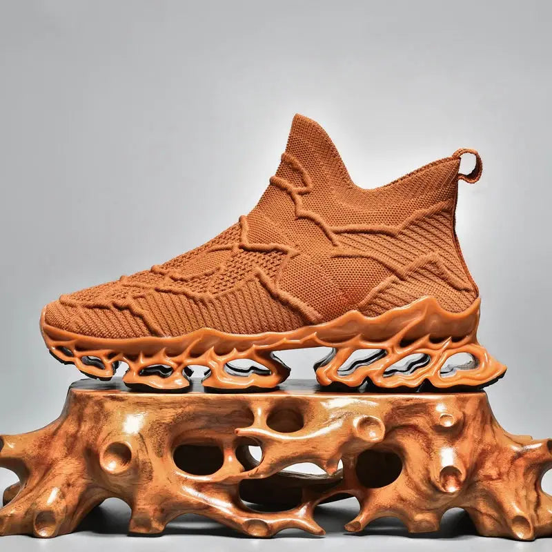 Men's orange knit sneakers with breathable sock-fit upper and sculpted orange sole